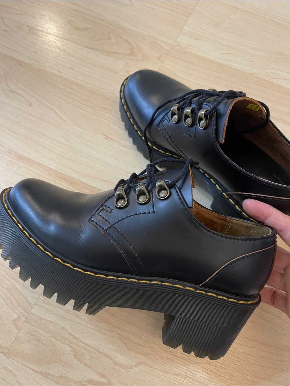 Dr. Martens Black Platform Lace-Up Ankle Boots with Yellow Stitching
